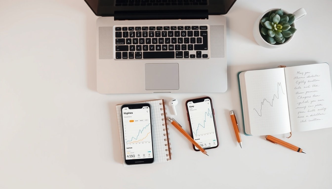 블로그 방문자 늘리기 - flat lay of laptop, notebook, and smartphone on white desk showing blog analytics growth chart, blog traffic strategy concept