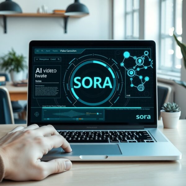 소라 AI - flat lay of laptop screen showing AI video generation interface with futuristic design elements, Sora AI concept
