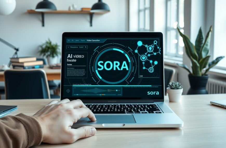 소라 AI - flat lay of laptop screen showing AI video generation interface with futuristic design elements, Sora AI concept
