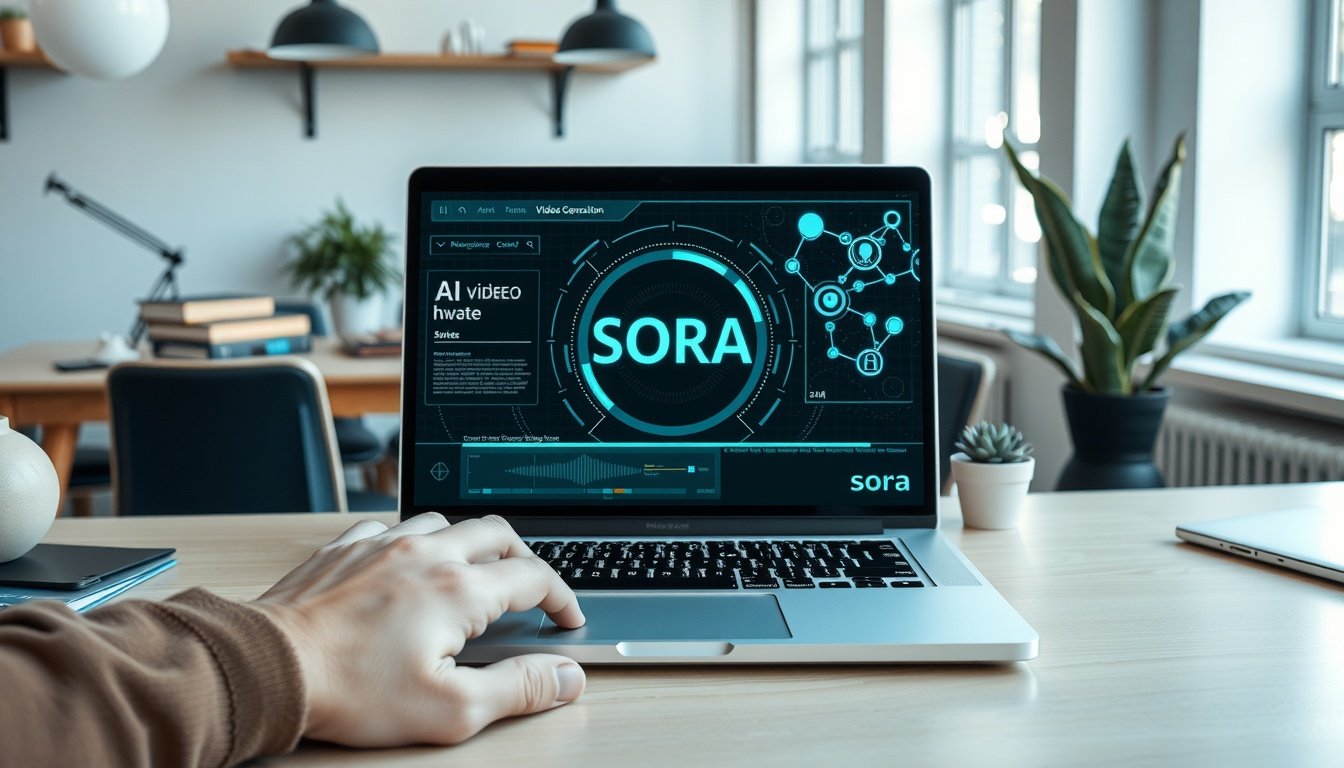 소라 AI - flat lay of laptop screen showing AI video generation interface with futuristic design elements, Sora AI concept