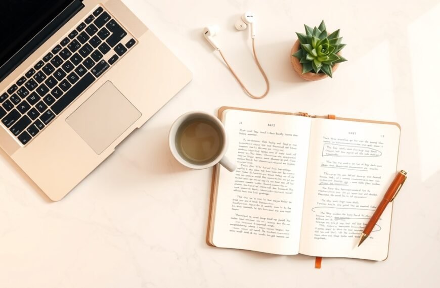 전자책 출판 - flat lay of e-book publishing concept with laptop, notebook, and coffee cup on white desk, digital publishing strategy