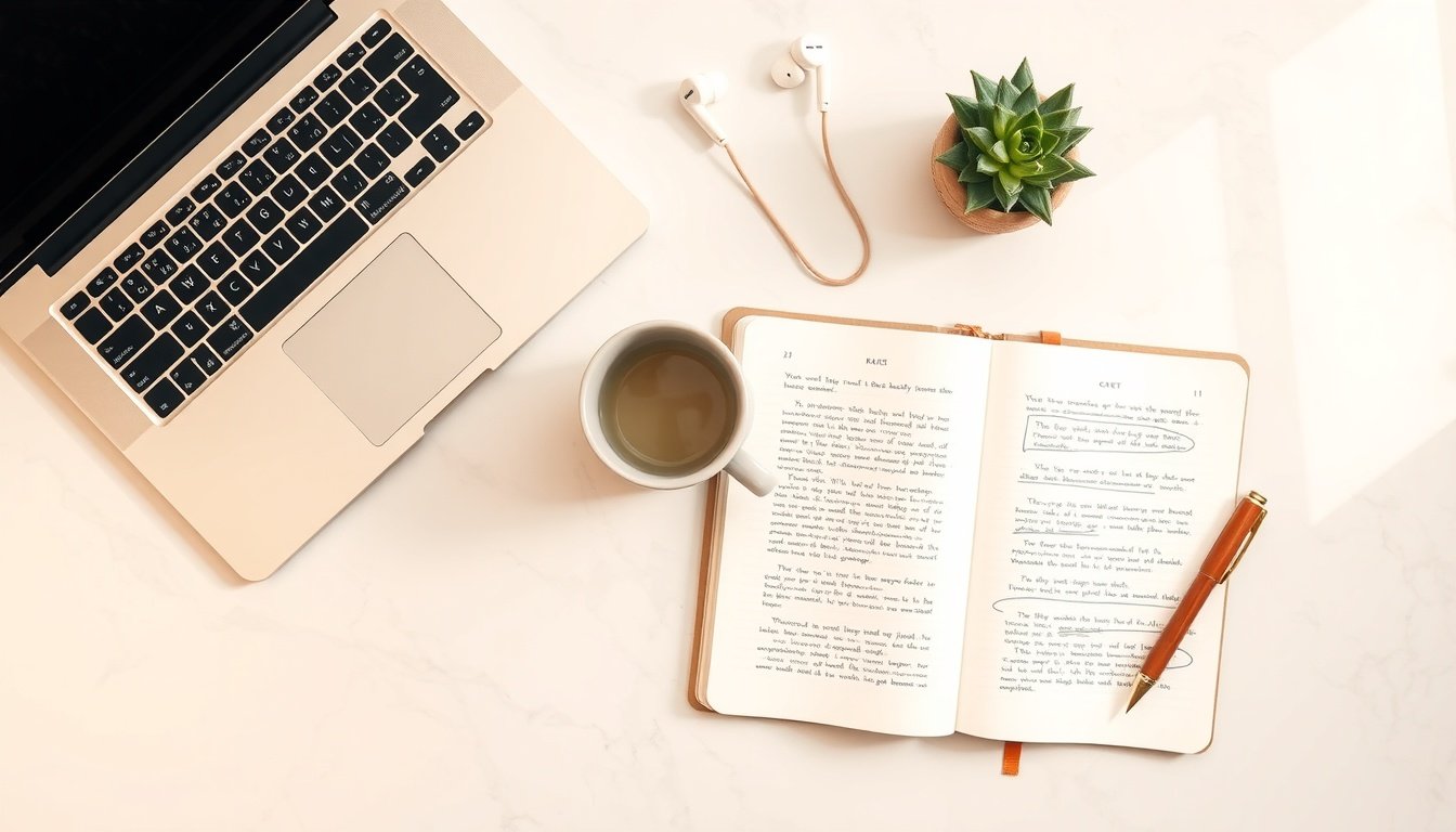 전자책 출판 - flat lay of e-book publishing concept with laptop, notebook, and coffee cup on white desk, digital publishing strategy