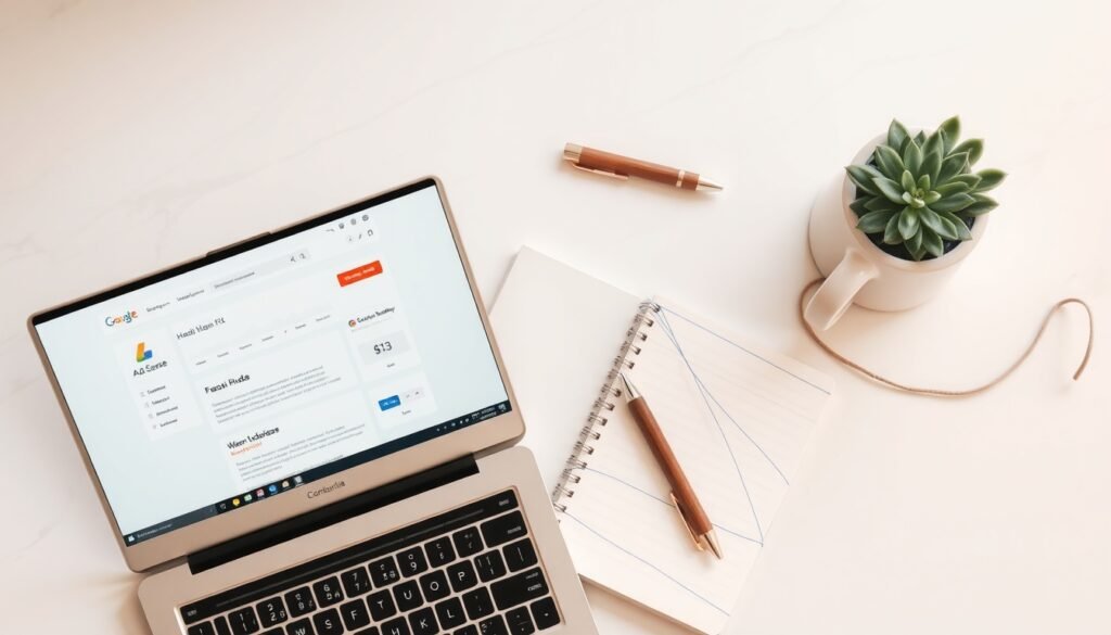 애드센스 승인 - flat lay of laptop with Google AdSense dashboard on screen, notebook and pen on white desk, AdSense approval concept