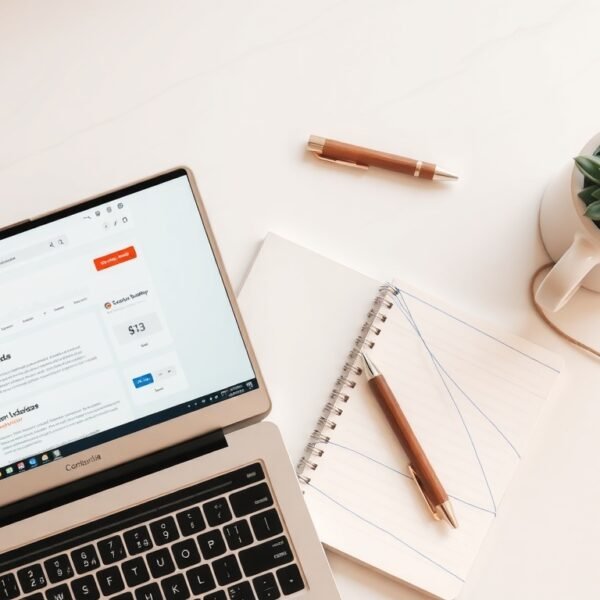 애드센스 승인 - flat lay of laptop with Google AdSense dashboard on screen, notebook and pen on white desk, AdSense approval concept