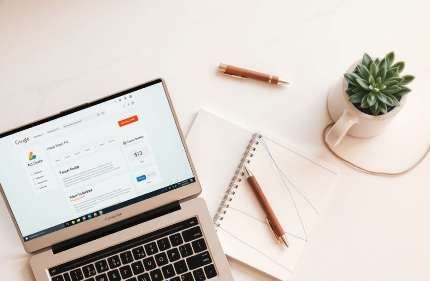 애드센스 승인 - flat lay of laptop with Google AdSense dashboard on screen, notebook and pen on white desk, AdSense approval concept