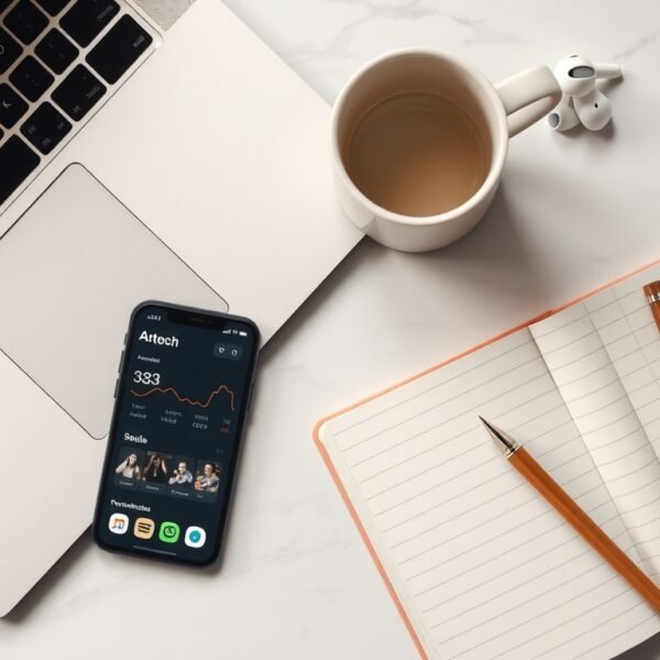 SNS 자동화 - flat lay of smartphone showing social media dashboard with automation icons, SNS automation strategy concept, overhead view on white desk