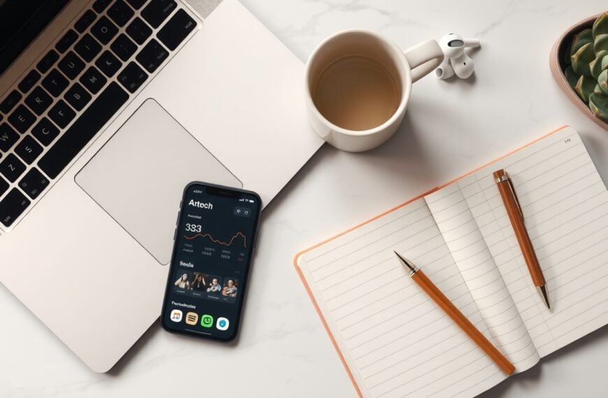 SNS 자동화 - flat lay of smartphone showing social media dashboard with automation icons, SNS automation strategy concept, overhead view on white desk