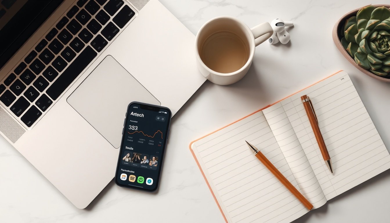 SNS 자동화 - flat lay of smartphone showing social media dashboard with automation icons, SNS automation strategy concept, overhead view on white desk