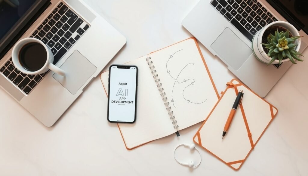 앱 개발 - flat lay of smartphone with app development interface on screen, AI technology concept, modern desk setup