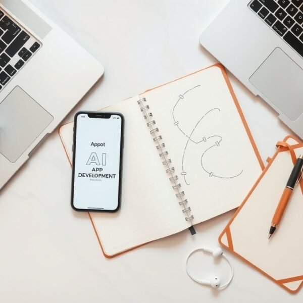 앱 개발 - flat lay of smartphone with app development interface on screen, AI technology concept, modern desk setup