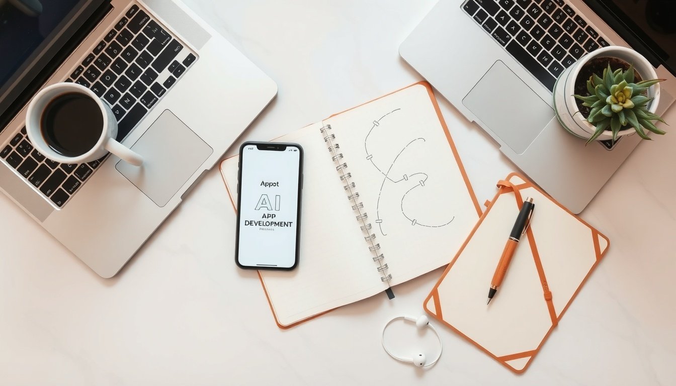 앱 개발 - flat lay of smartphone with app development interface on screen, AI technology concept, modern desk setup