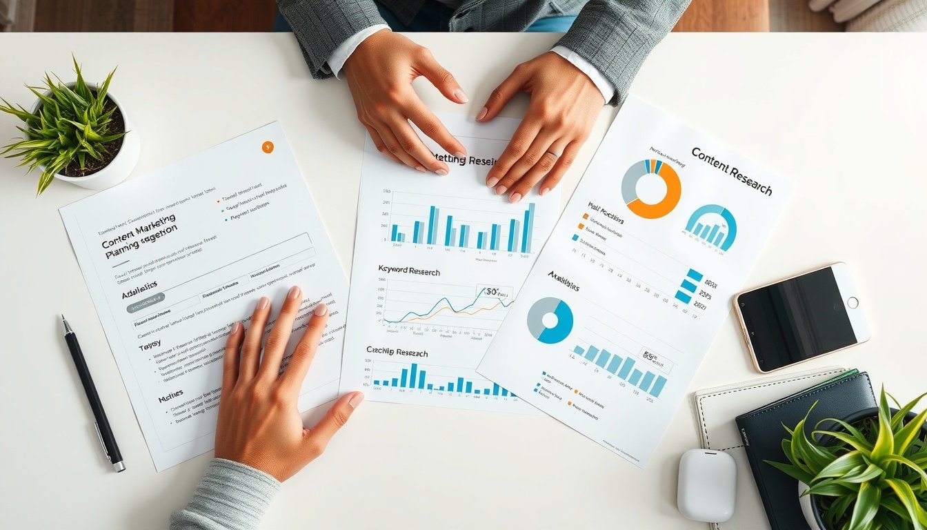 콘텐츠 마케팅 - flat lay of content marketing planning documents, keyword research notes, and analytics charts on clean white desk, overhead view