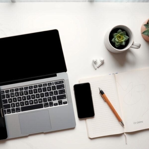 온라인 창업 - flat lay of laptop, notebook, and smartphone on white desk representing online startup strategy 2026