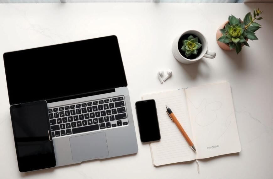 온라인 창업 - flat lay of laptop, notebook, and smartphone on white desk representing online startup strategy 2026