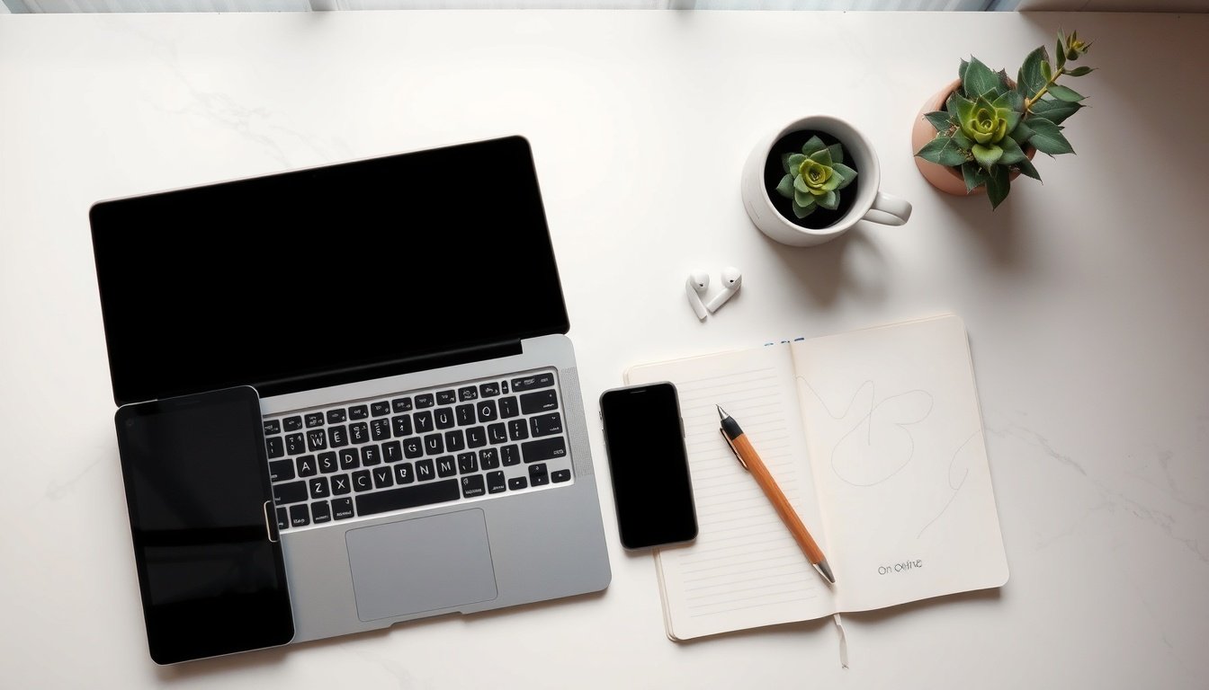 온라인 창업 - flat lay of laptop, notebook, and smartphone on white desk representing online startup strategy 2026