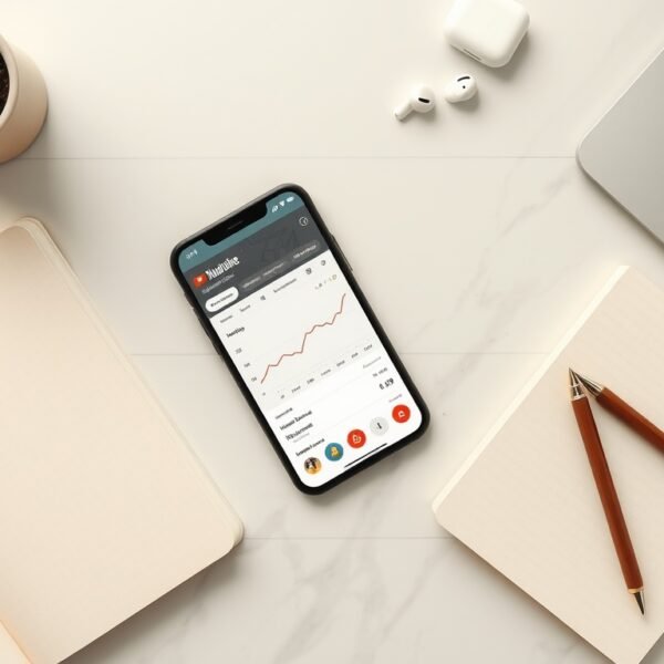 유튜브 수익화 - flat lay of smartphone showing YouTube analytics dashboard with monthly revenue stats, digital nomad concept on white desk