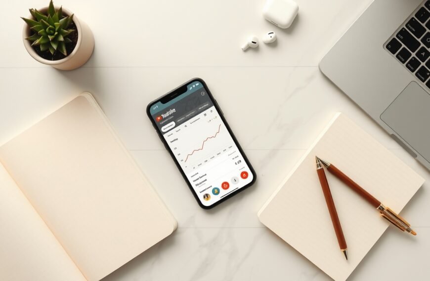 유튜브 수익화 - flat lay of smartphone showing YouTube analytics dashboard with monthly revenue stats, digital nomad concept on white desk
