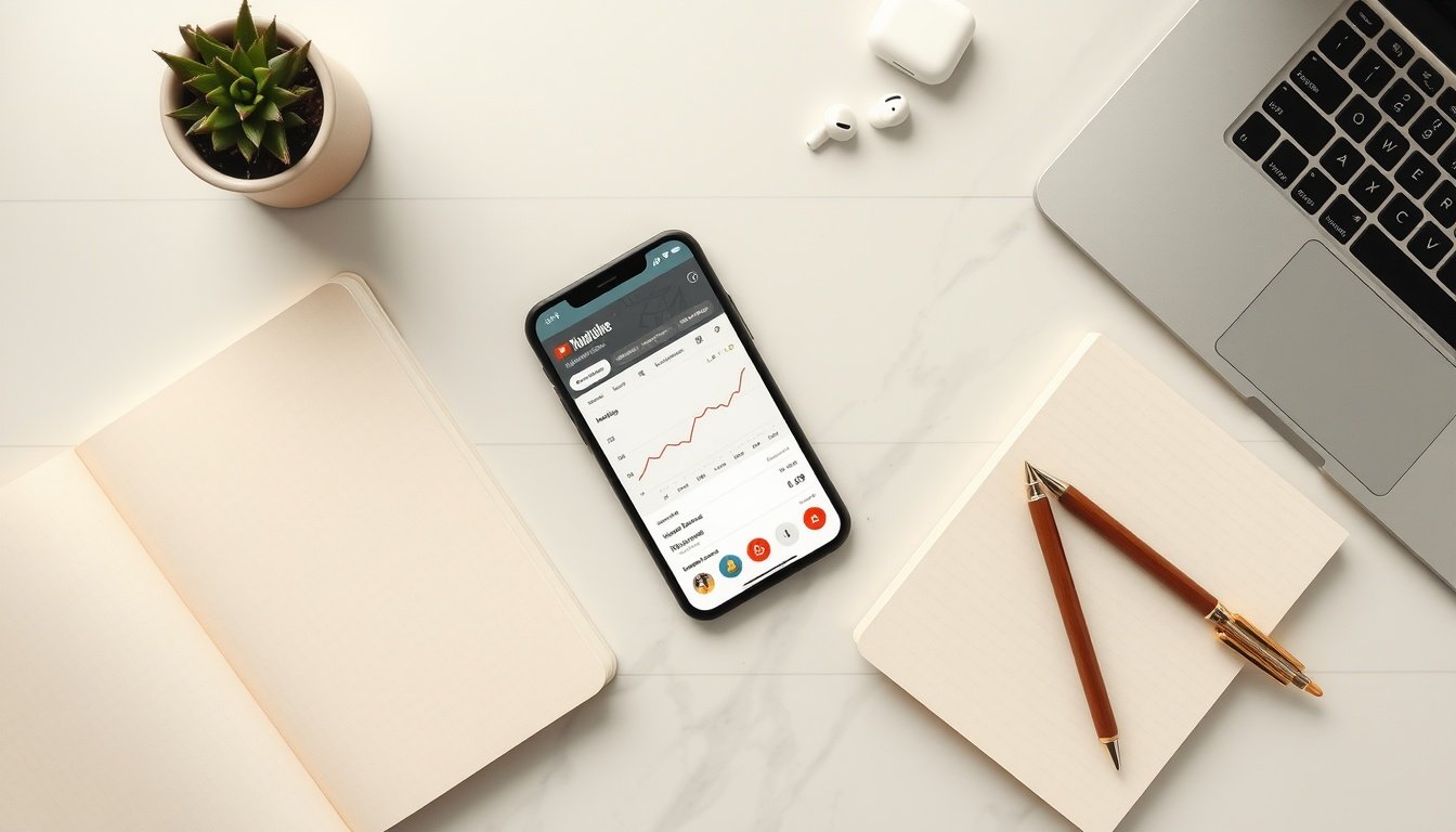유튜브 수익화 - flat lay of smartphone showing YouTube analytics dashboard with monthly revenue stats, digital nomad concept on white desk