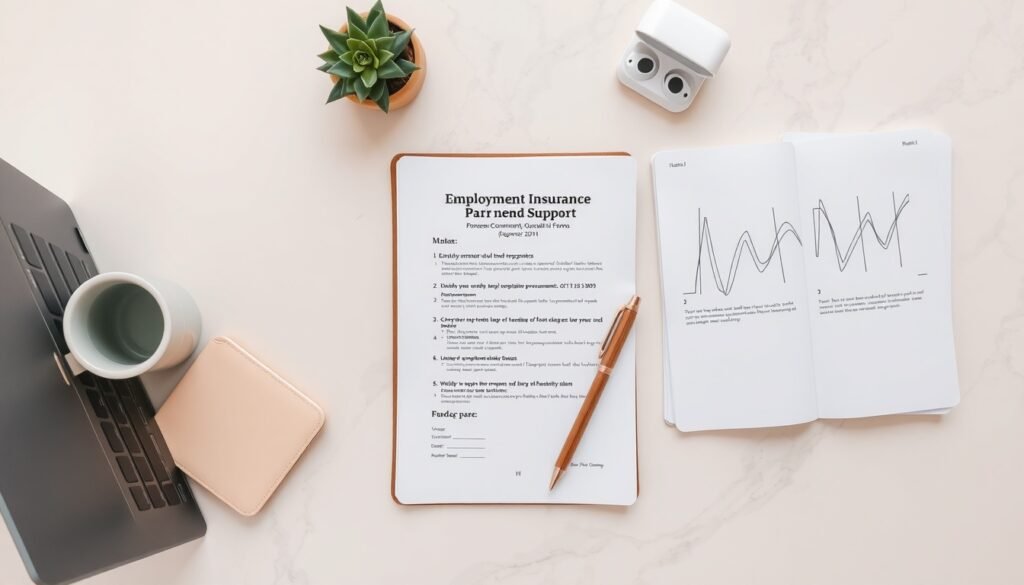 고용보험 - flat lay of employment insurance documents and Korean government support forms on white desk, job seeker benefit concept