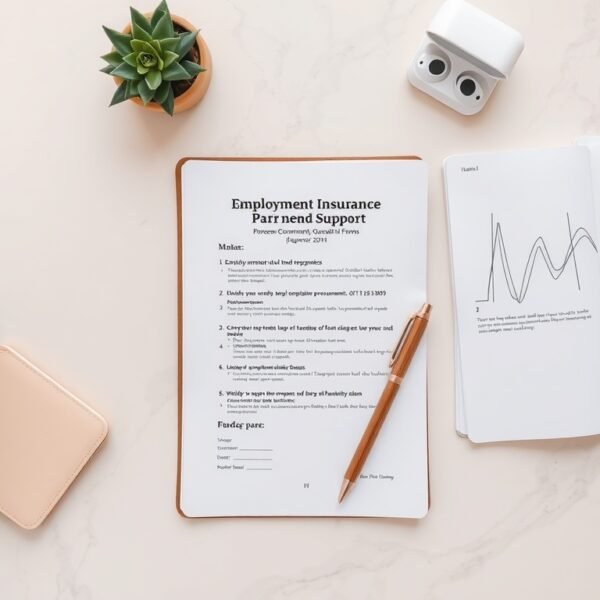 고용보험 - flat lay of employment insurance documents and Korean government support forms on white desk, job seeker benefit concept