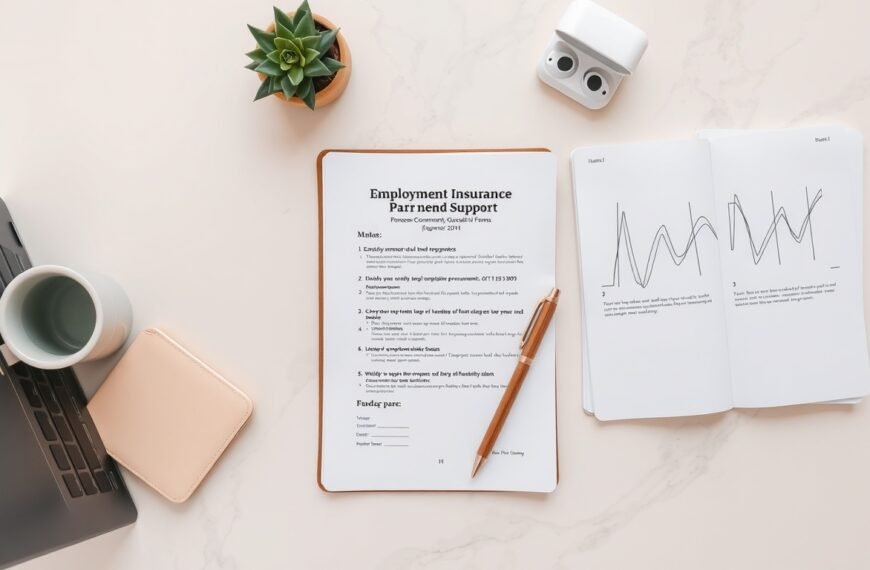 고용보험 - flat lay of employment insurance documents and Korean government support forms on white desk, job seeker benefit concept