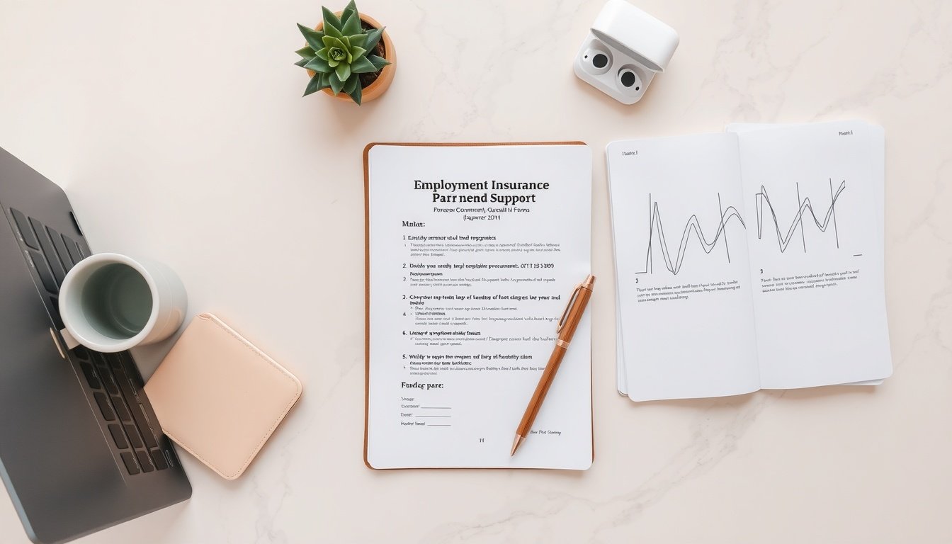 고용보험 - flat lay of employment insurance documents and Korean government support forms on white desk, job seeker benefit concept