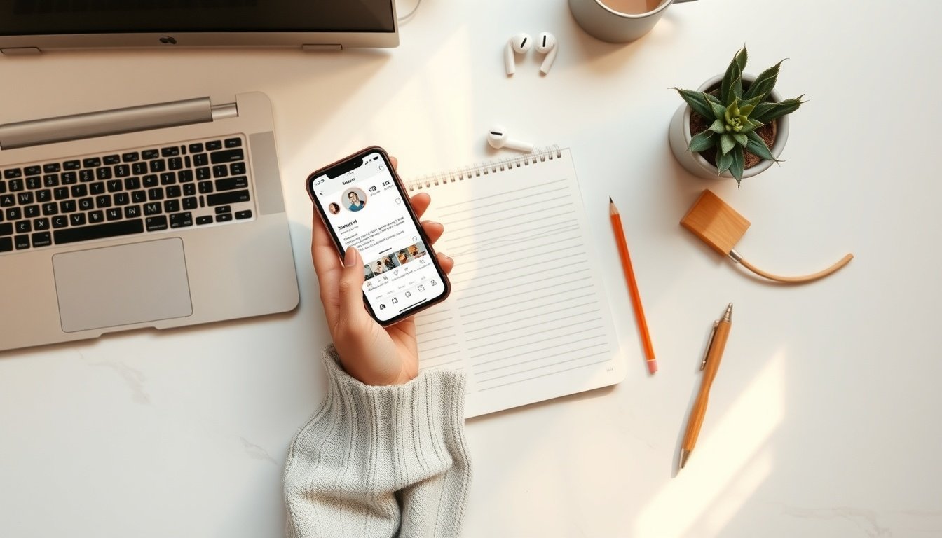 인스타그램 알고리즘 - Korean woman upper body shot with face visible, using smartphone with Instagram app open, natural hands, bright home office background