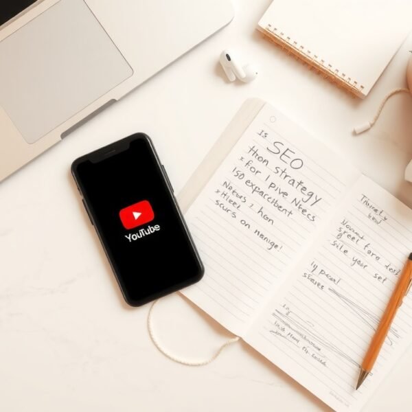 유튜브 SEO - flat lay of smartphone showing YouTube app and notebook with SEO strategy notes on white desk, youtube SEO concept