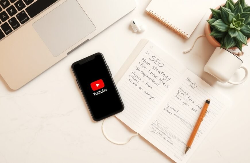 유튜브 SEO - flat lay of smartphone showing YouTube app and notebook with SEO strategy notes on white desk, youtube SEO concept