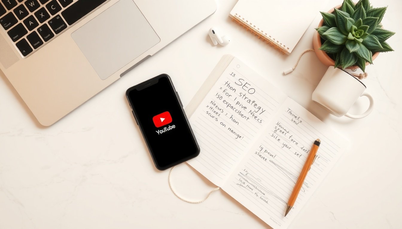 유튜브 SEO - flat lay of smartphone showing YouTube app and notebook with SEO strategy notes on white desk, youtube SEO concept