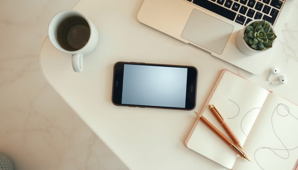 숏폼 콘텐츠 - flat lay of smartphone showing short-form video content on screen, notebook and earphones beside it on white desk
