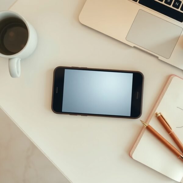 숏폼 콘텐츠 - flat lay of smartphone showing short-form video content on screen, notebook and earphones beside it on white desk