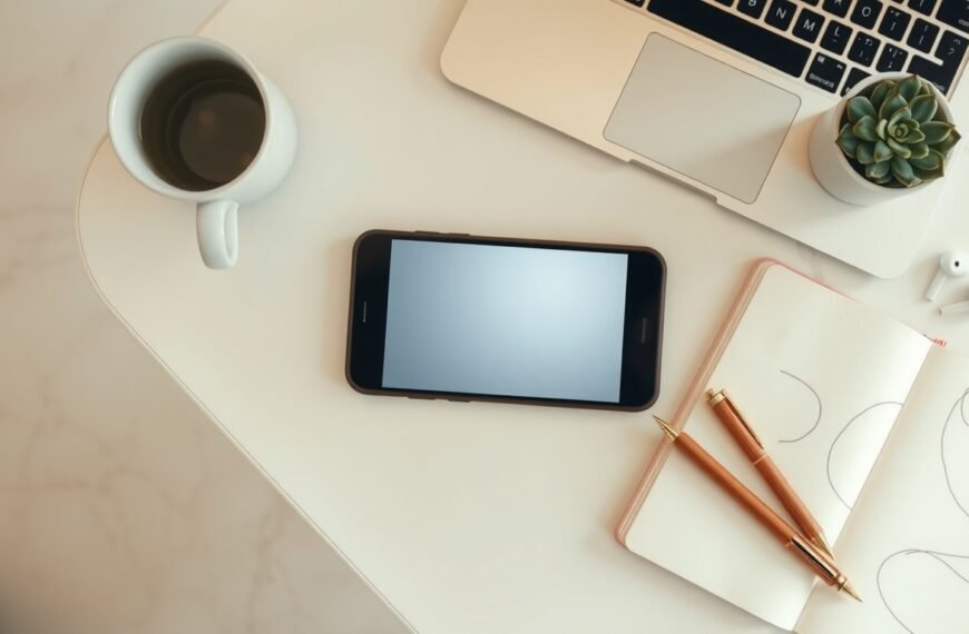숏폼 콘텐츠 - flat lay of smartphone showing short-form video content on screen, notebook and earphones beside it on white desk