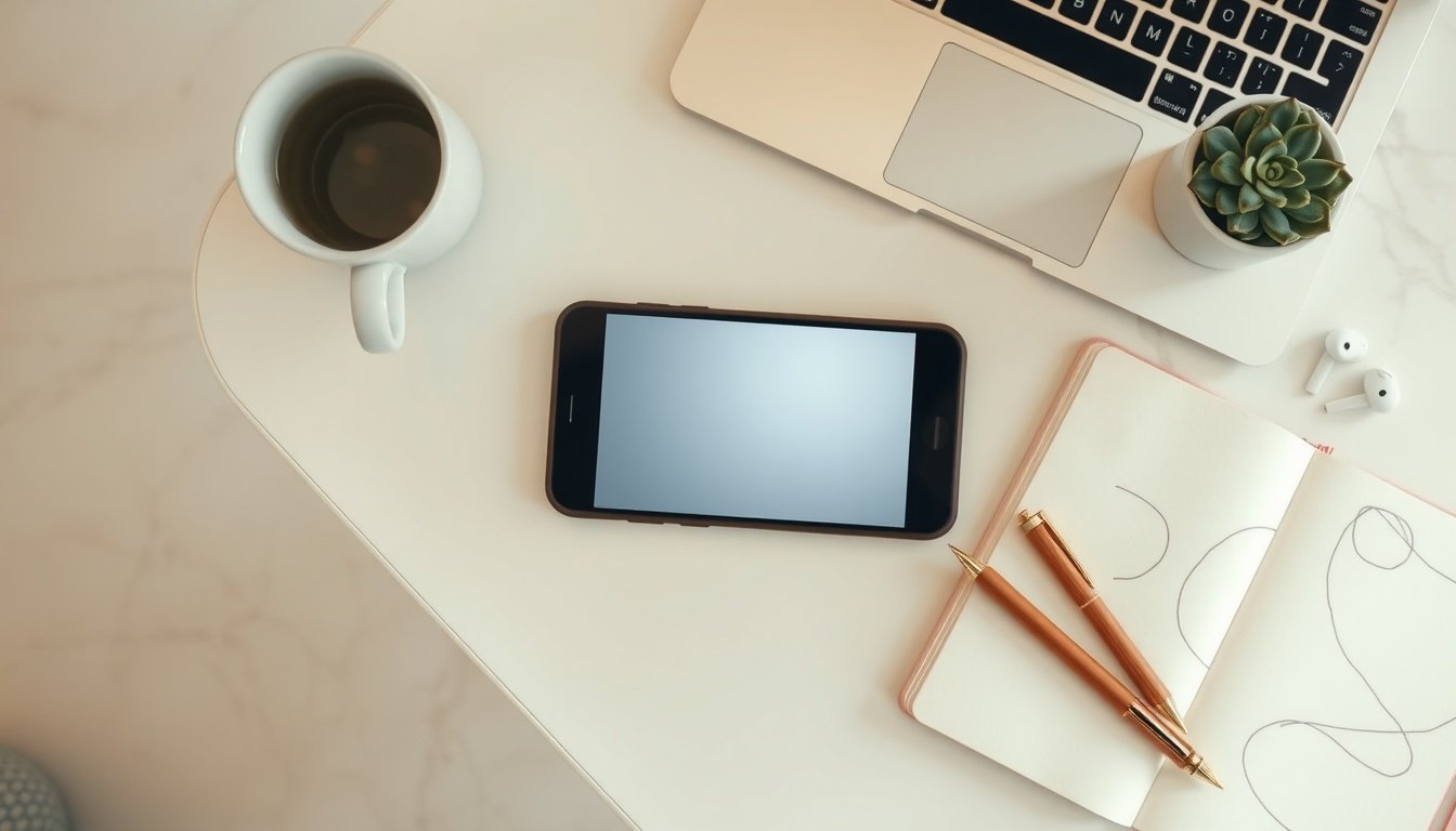 숏폼 콘텐츠 - flat lay of smartphone showing short-form video content on screen, notebook and earphones beside it on white desk