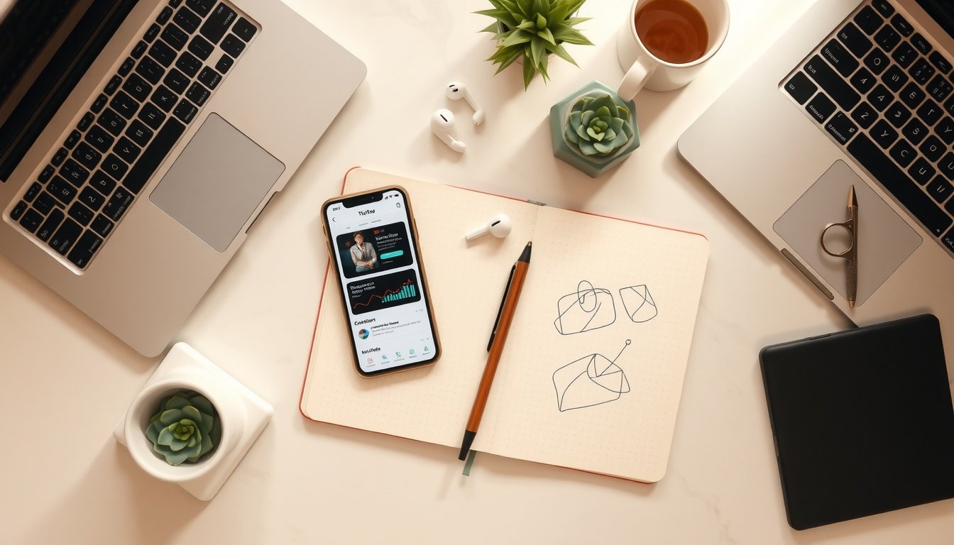 틱톡 알고리즘 - flat lay of smartphone with TikTok app open, showing creator analytics dashboard with upward trending graph, TikTok algorithm growth concept, overhead view