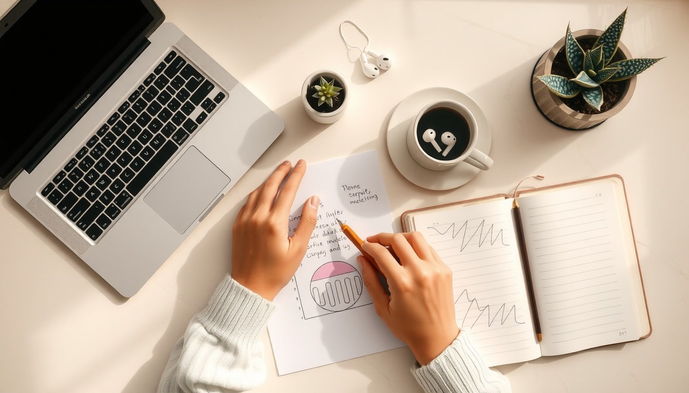 연금 투자 - Korean man upper body shot with face visible, reviewing pension investment documents at desk with laptop, natural hands