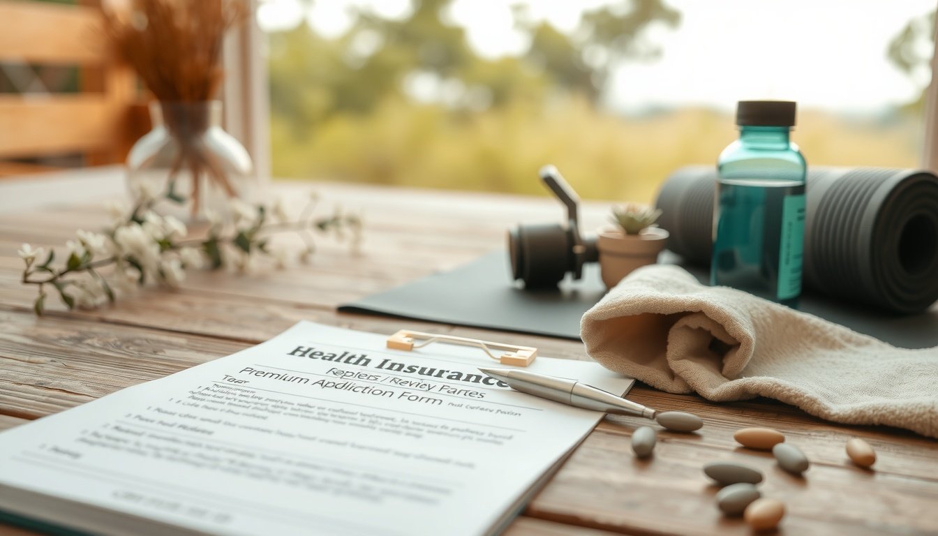 건강보험료 - flat lay of health insurance premium reduction application form and pen on wooden desk, Korean government support concept