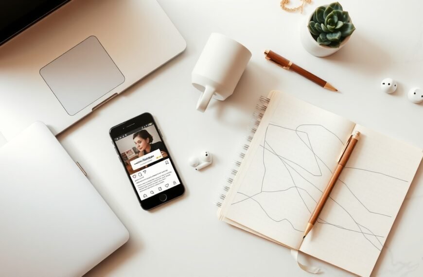 인스타그램 알고리즘 - flat lay of smartphone showing Instagram feed on white desk with notepad and pen, Instagram algorithm concept