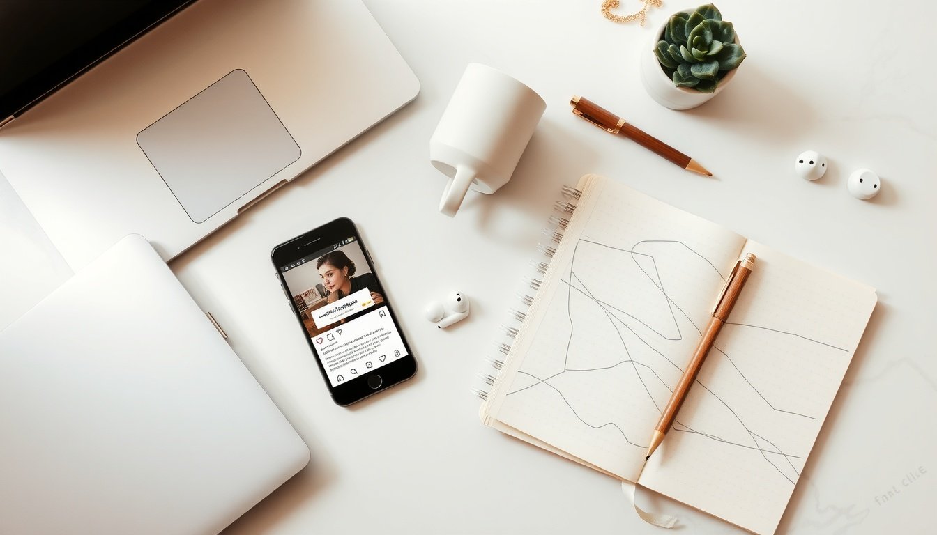 인스타그램 알고리즘 - flat lay of smartphone showing Instagram feed on white desk with notepad and pen, Instagram algorithm concept