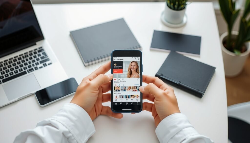 인플루언서 마케팅 - flat lay of smartphone showing social media influencer content, laptop and notebook on white desk, influencer marketing strategy concept