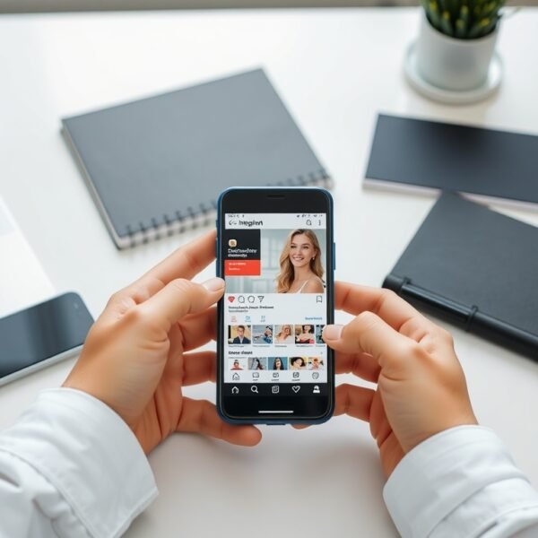 인플루언서 마케팅 - flat lay of smartphone showing social media influencer content, laptop and notebook on white desk, influencer marketing strategy concept