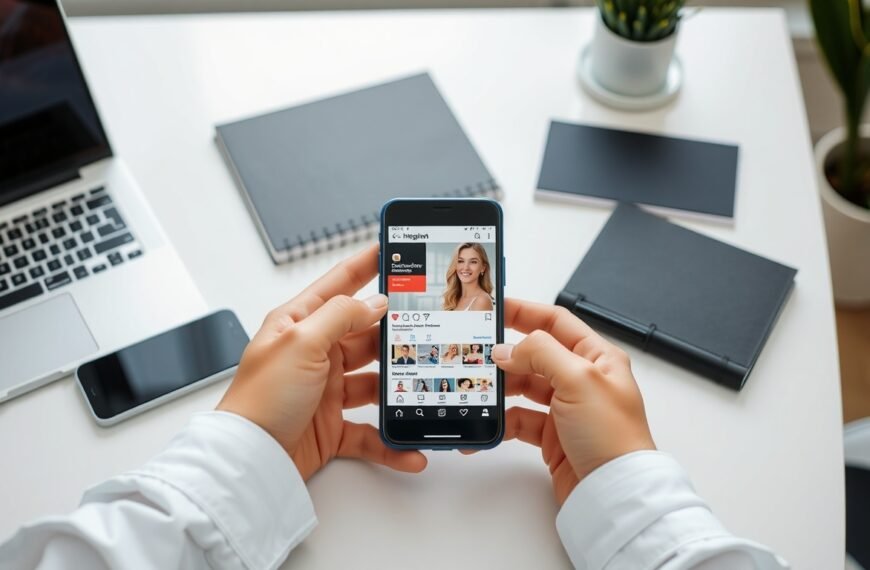 인플루언서 마케팅 - flat lay of smartphone showing social media influencer content, laptop and notebook on white desk, influencer marketing strategy concept