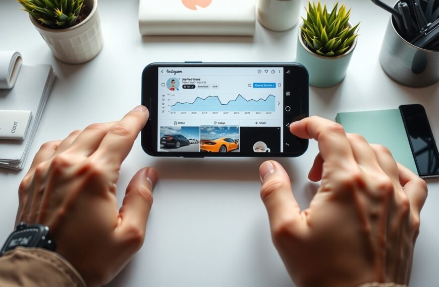 인스타 마케팅 - flat lay of smartphone showing Instagram feed with analytics dashboard, social media marketing concept on white desk