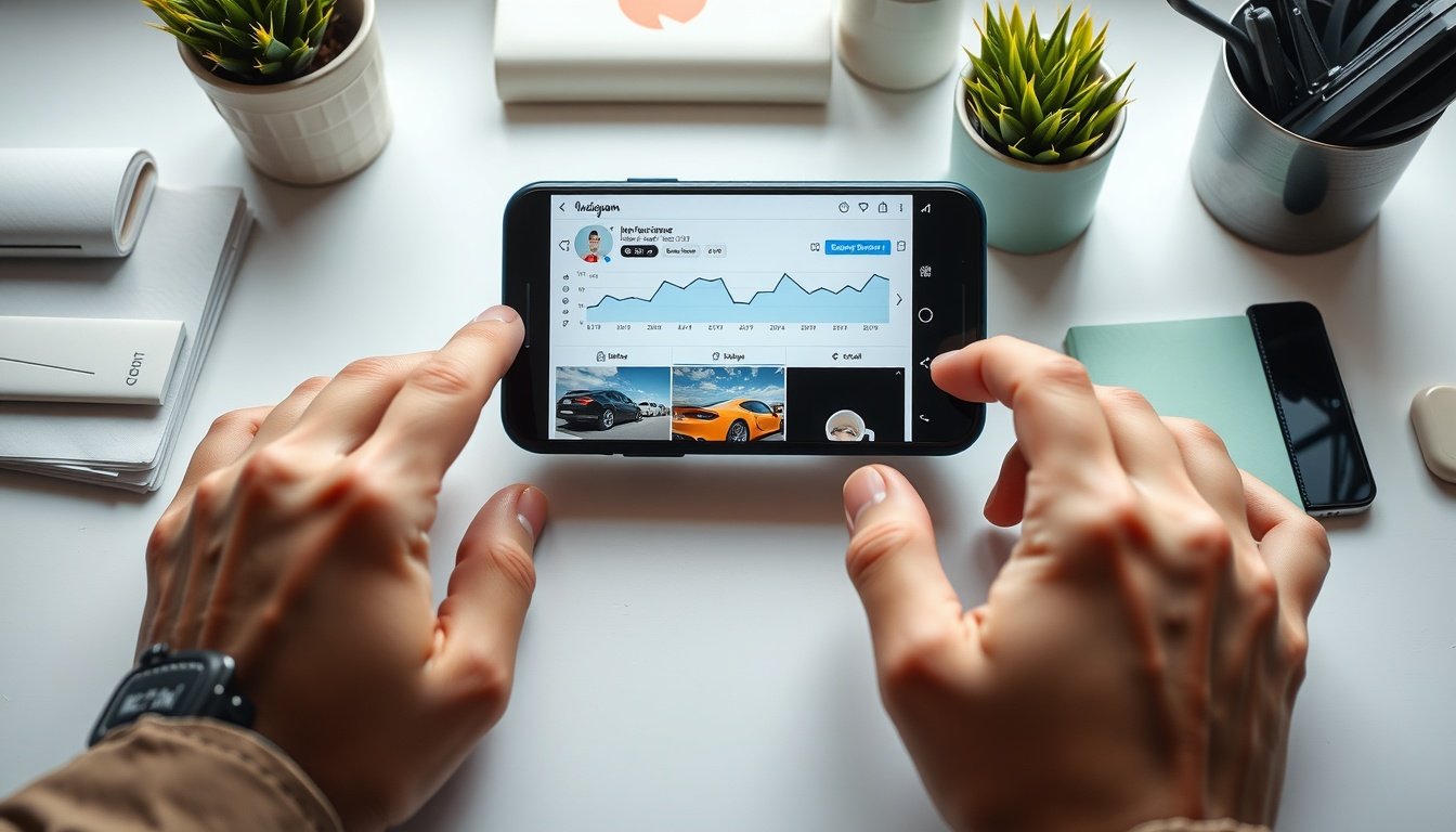 인스타 마케팅 - flat lay of smartphone showing Instagram feed with analytics dashboard, social media marketing concept on white desk