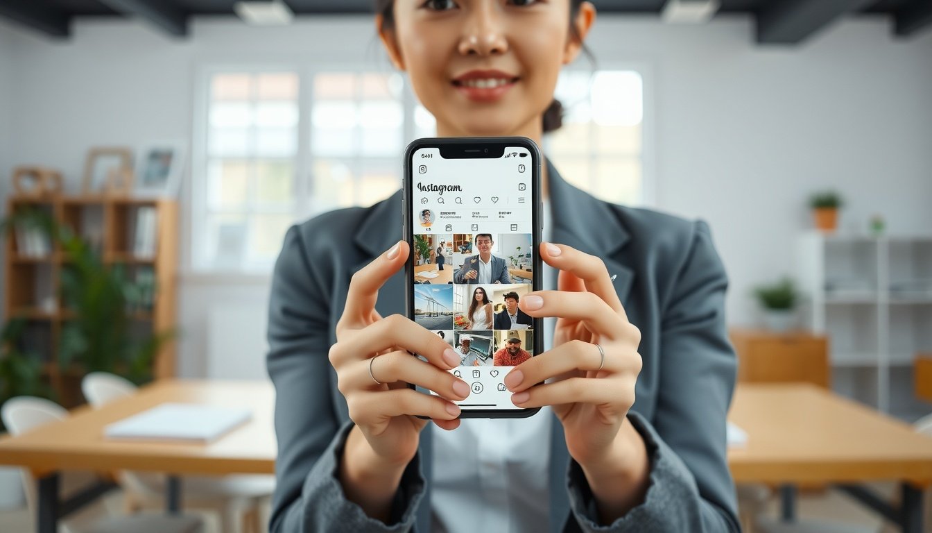 인스타 마케팅 - Korean woman upper body shot with face visible, holding smartphone showing Instagram reels content, natural hands, bright studio background, social media marketing concept