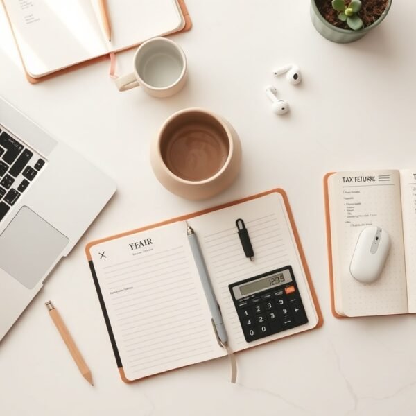 연말정산 - flat lay of tax return documents, calculator, and pen on white desk, Korean year-end tax settlement concept