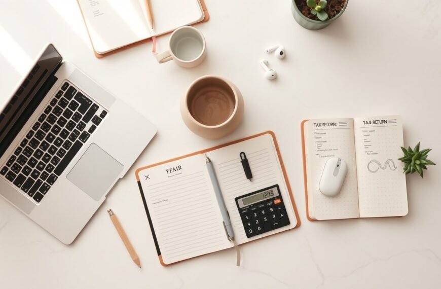 연말정산 - flat lay of tax return documents, calculator, and pen on white desk, Korean year-end tax settlement concept