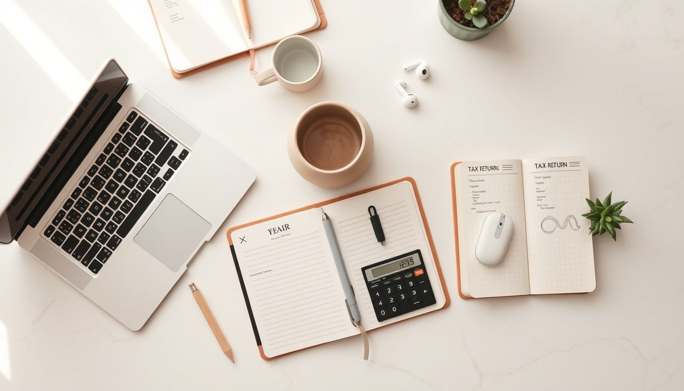 연말정산 - flat lay of tax return documents, calculator, and pen on white desk, Korean year-end tax settlement concept