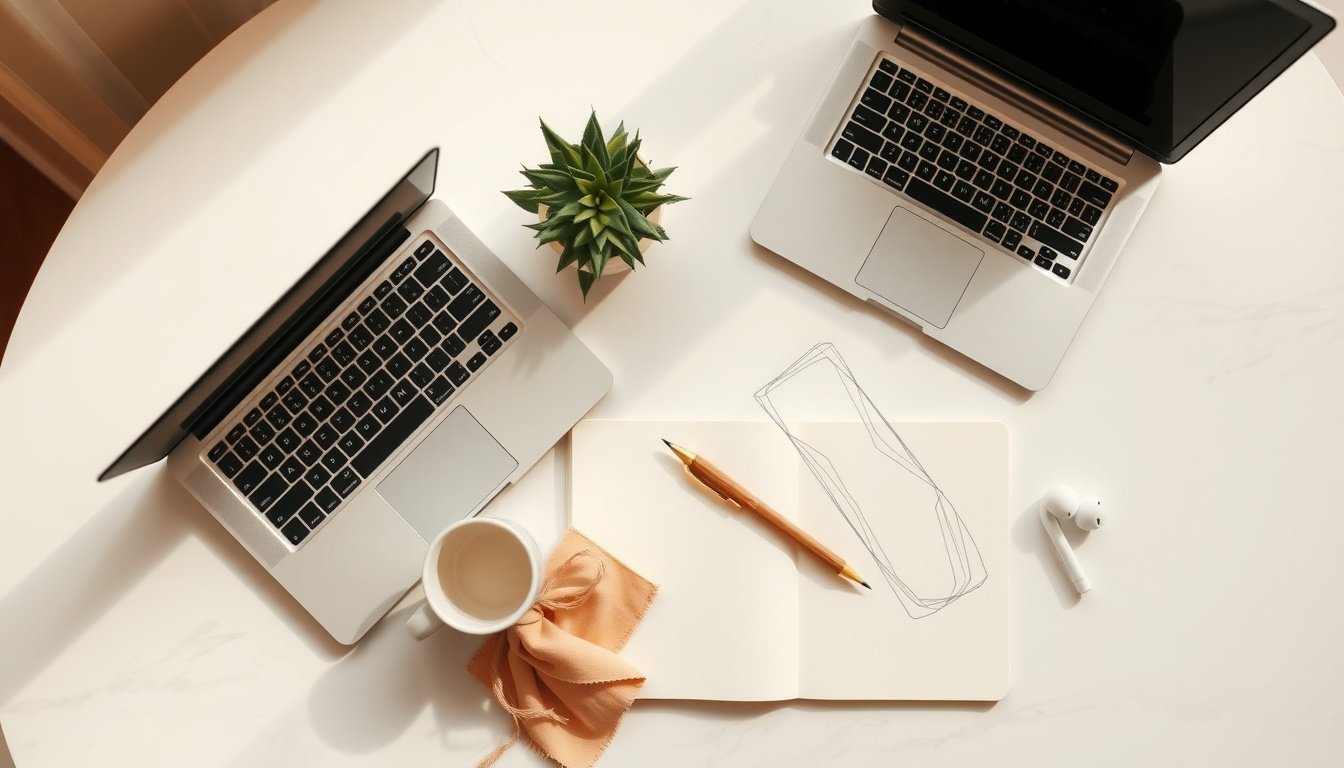 클로드 AI - Korean woman upper body shot with face visible, using Claude AI on laptop at home office desk, natural hands, professional content creator