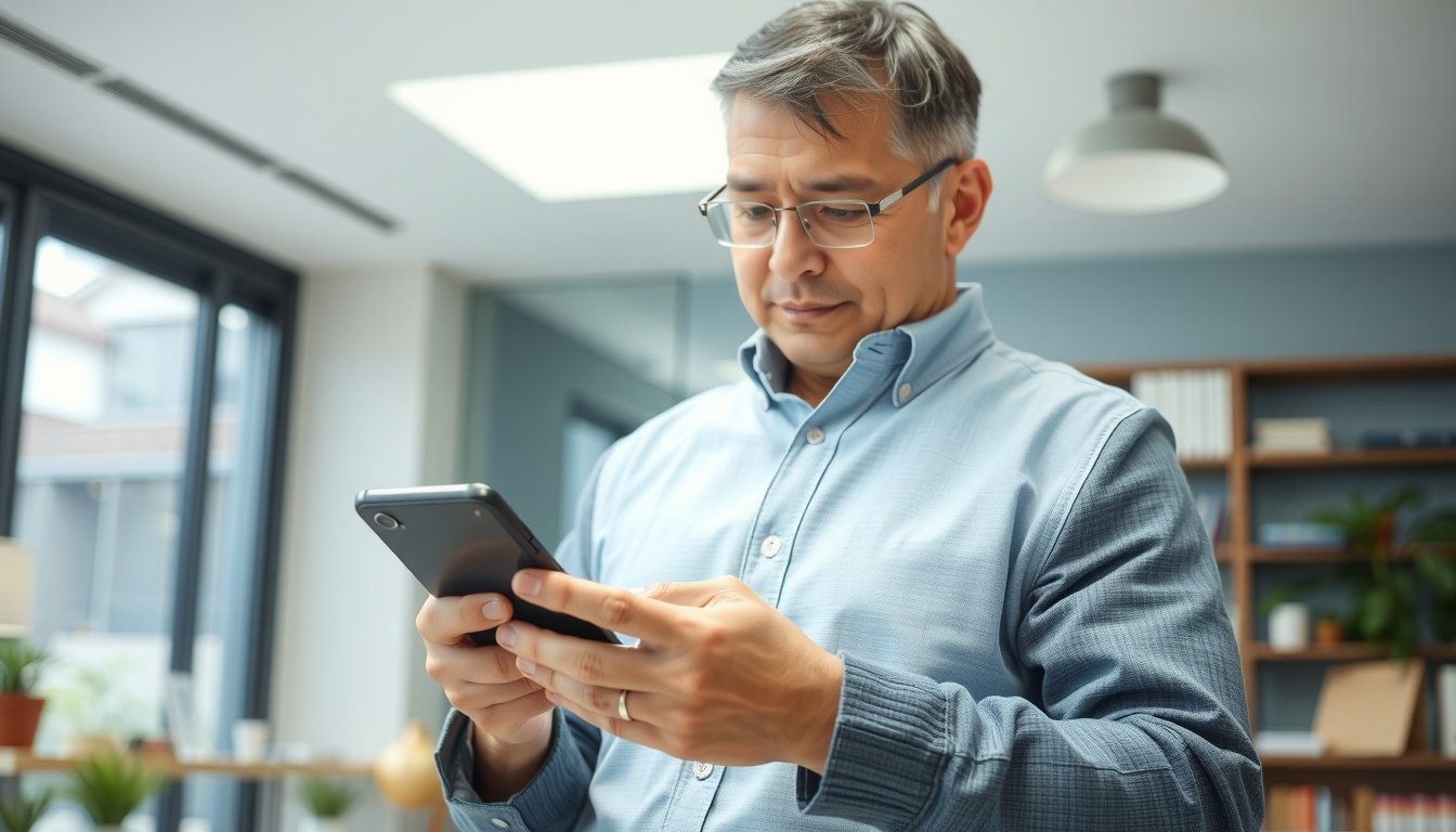 국민연금 - Korean middle-aged man upper body shot with face visible, checking pension information on smartphone with natural hands, bright indoor background
